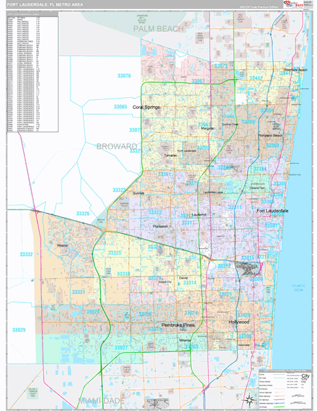 Fort Lauderdale Metro Area Zip Code Wall Map